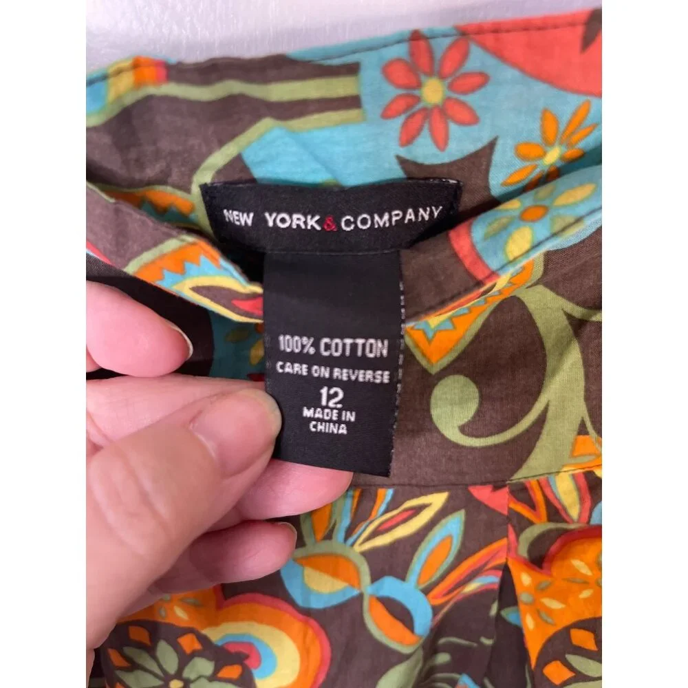 Vintage-Inspired New York & Company Floral Skirt 100% Cotton Size 12 Brown & Mul - Picture 3 of 4